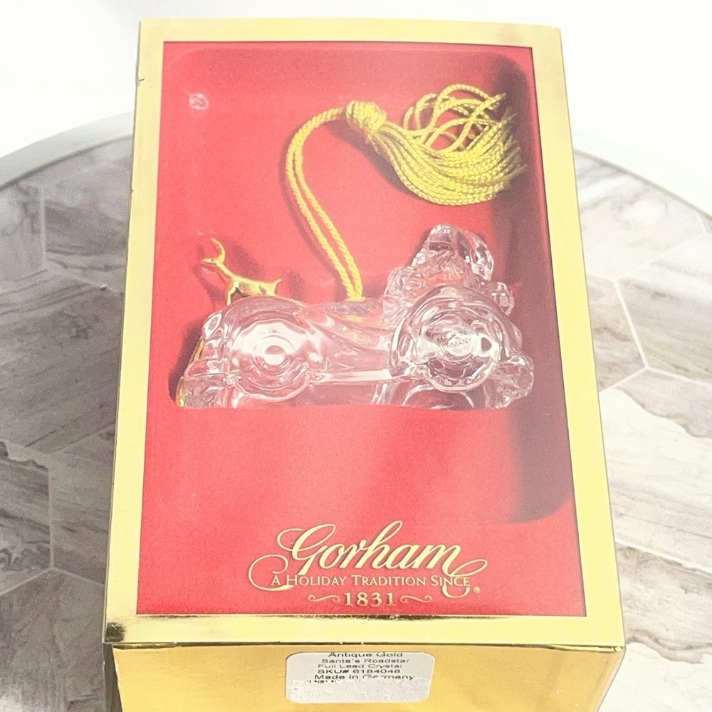 Gorham Santa Roadster Crystal Ornament Antique Gold Germany w Box